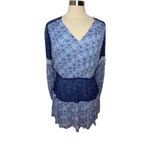 Nicole Miller Collection 100% Silk Tunic Dress Floral Long Sleeve Peasant Boho L